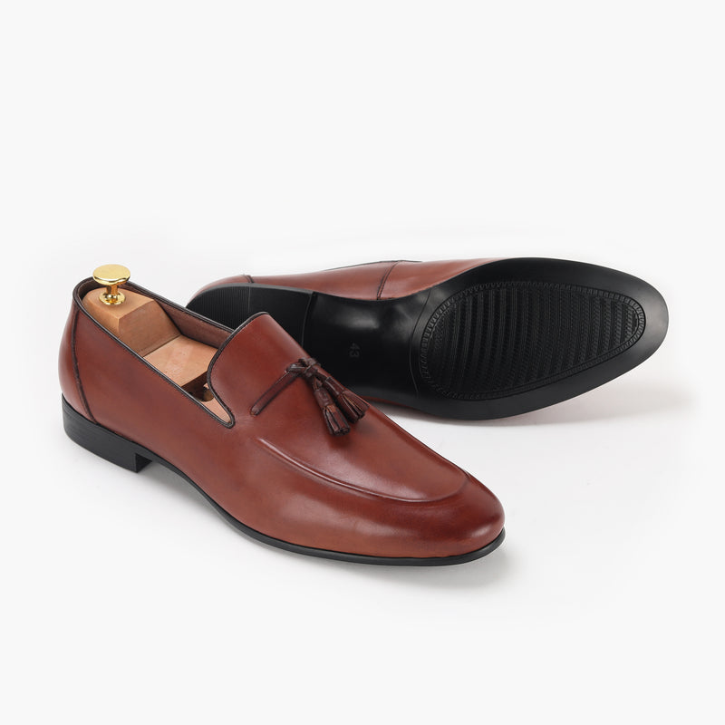 Burnished Leather Tassled Slip Ons brown right side and sole