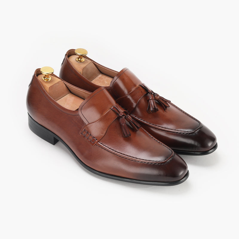 Chiseled Toe Tassle Slip Ons brown side angle