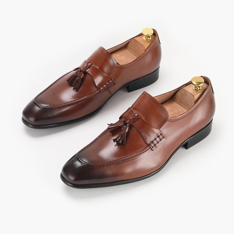 Chiseled Toe Tassle Slip Ons brown opposite side angle