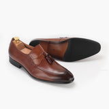 Chiseled Toe Tassle Slip Ons brown side and sole