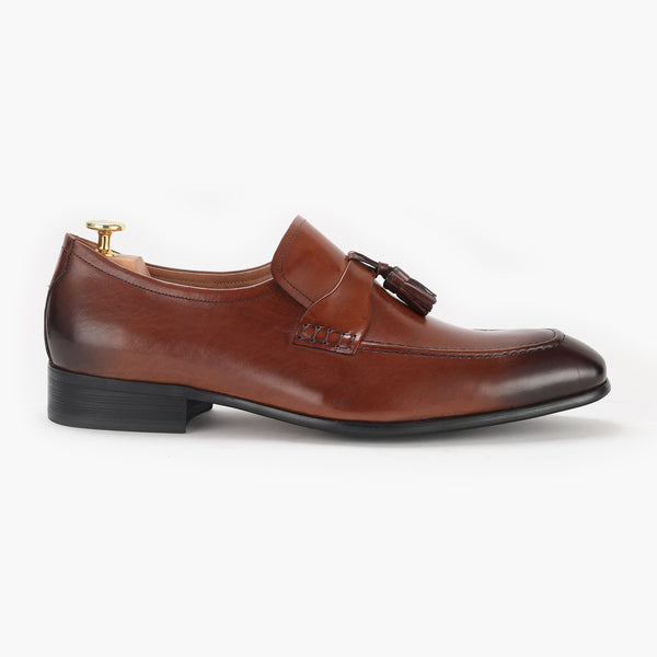 Chiseled Toe Tassle Slip Ons brown right side shoe