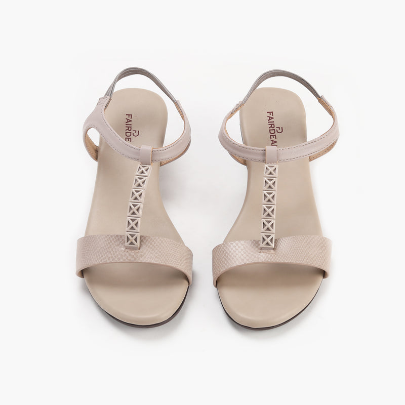 T-Bar Wedge Sandals stone front angle