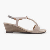 T-Bar Wedge Sandals stone side profile with heel