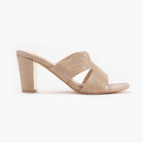 Symmetrical Strap Croc Print Sandals beige side profile with heel