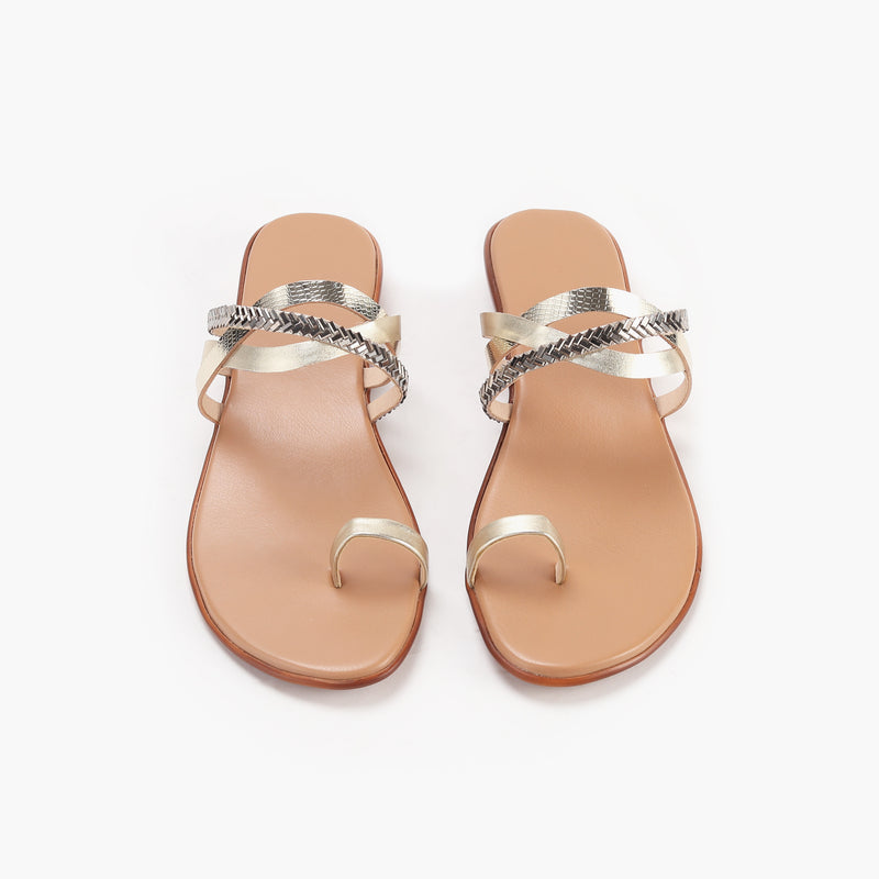 Criss Cross Open Toe Slides gold front angle