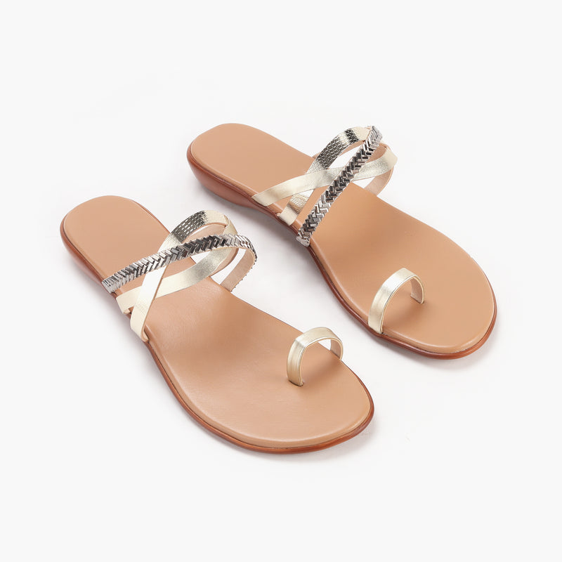 Criss Cross Open Toe Slides gold side angle