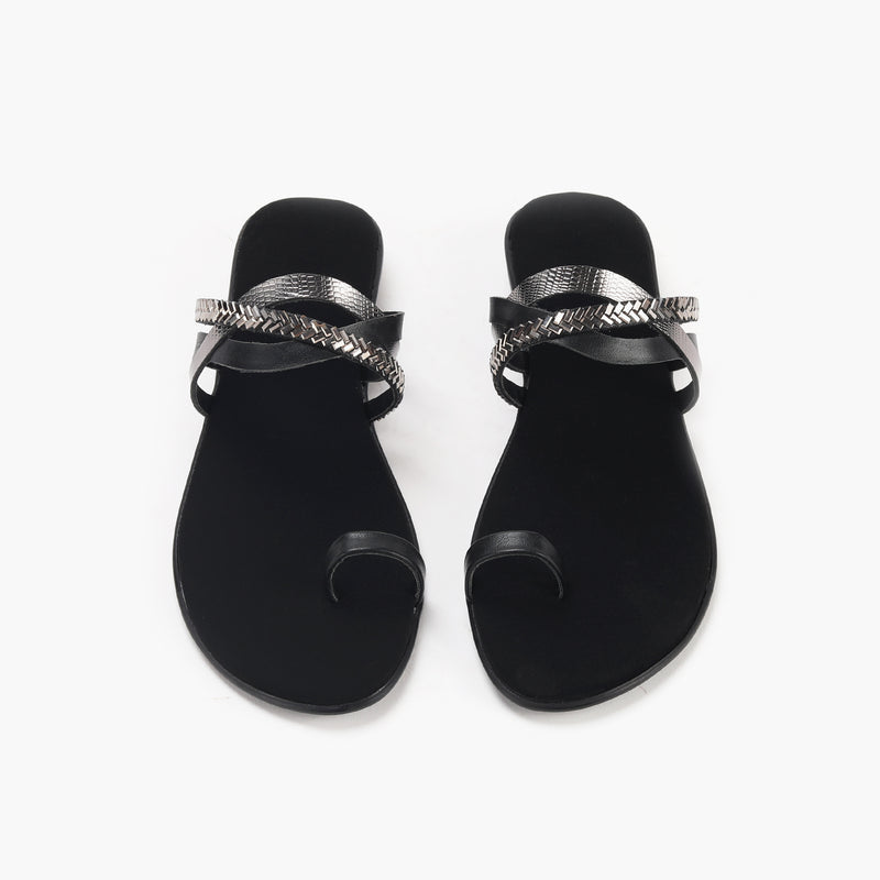 Criss Cross Open Toe Slides black front angle