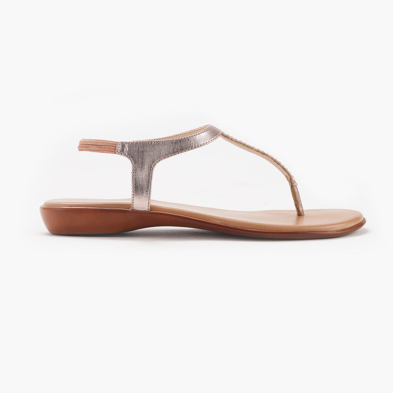 T Bar Sandals Rose Gold side profile with heel