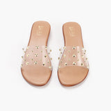 Studded Clear Strap Slides tan front angle