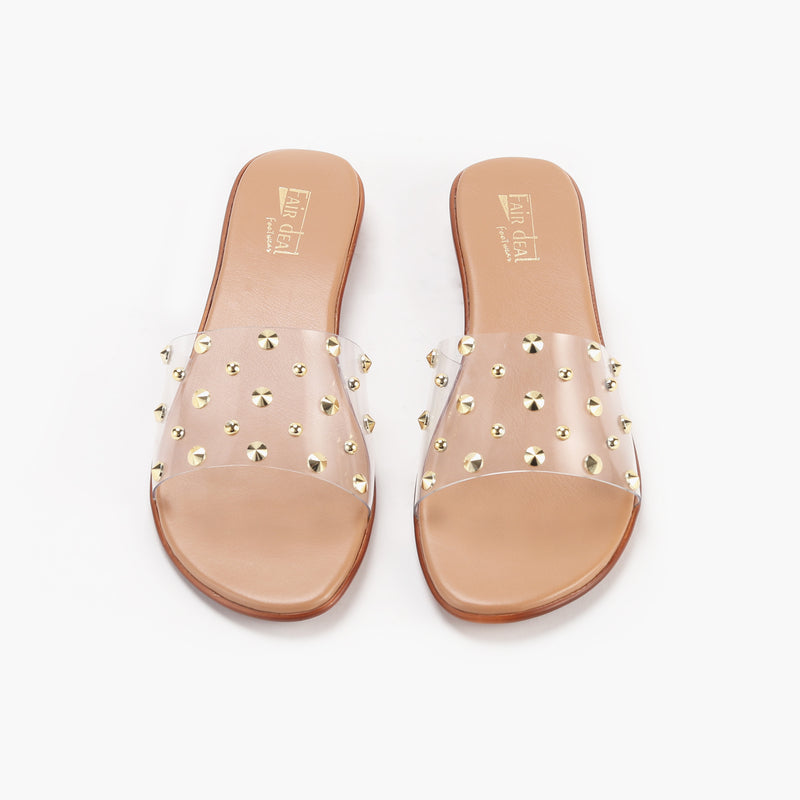 Studded Clear Strap Slides tan front angle