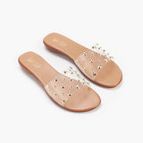 Studded Clear Strap Slides tan side angle