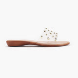 Studded Clear Strap Slides tan side profile with heel