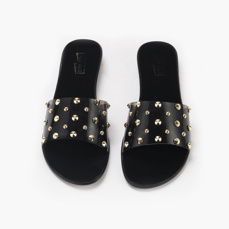 Studded Clear Strap Slides black front angle