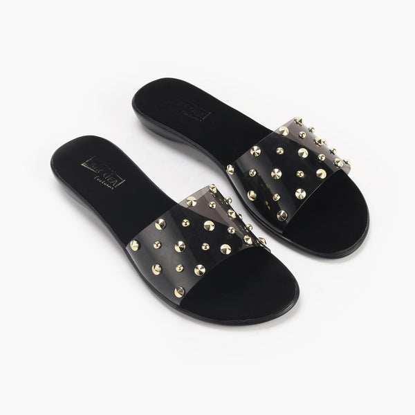 Studded Clear Strap Slides black side angle