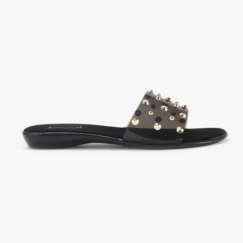 Studded Clear Strap Slides black side profile with heel