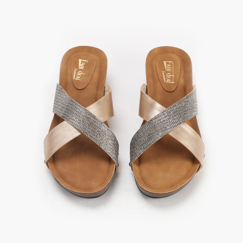 Shimmer Cross Slip Ons antique front angle