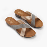 Shimmer Cross Slip Ons antique side angle