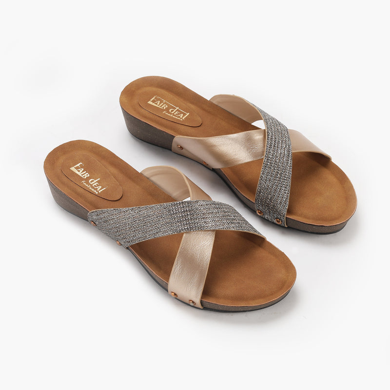 Shimmer Cross Slip Ons antique side angle