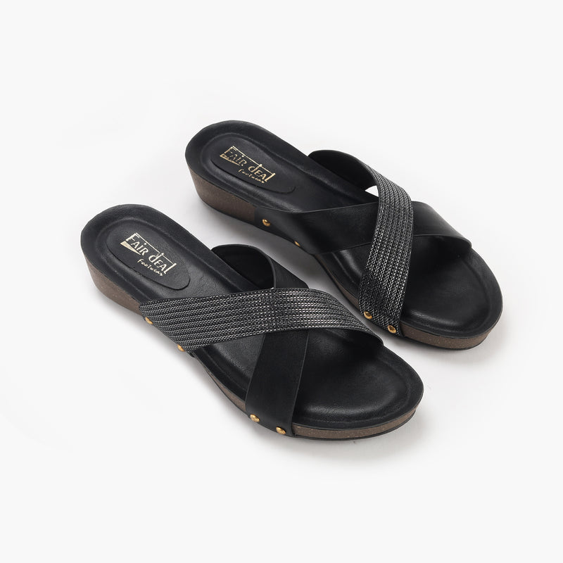 Shimmer Cross Slip Ons black side angle