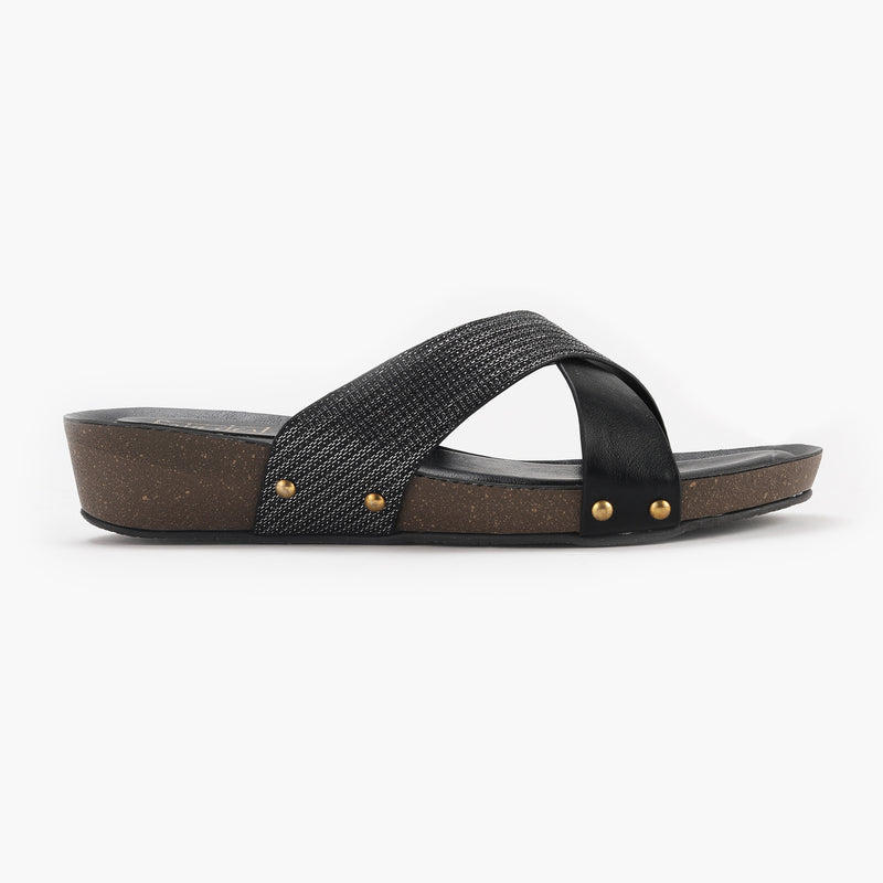 Shimmer Cross Slip Ons black side profile with heel