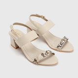 Snake Detail Block Heel Sandals Beige Side Angle