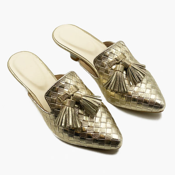 Woven Tassled Mules Gold Side Angle