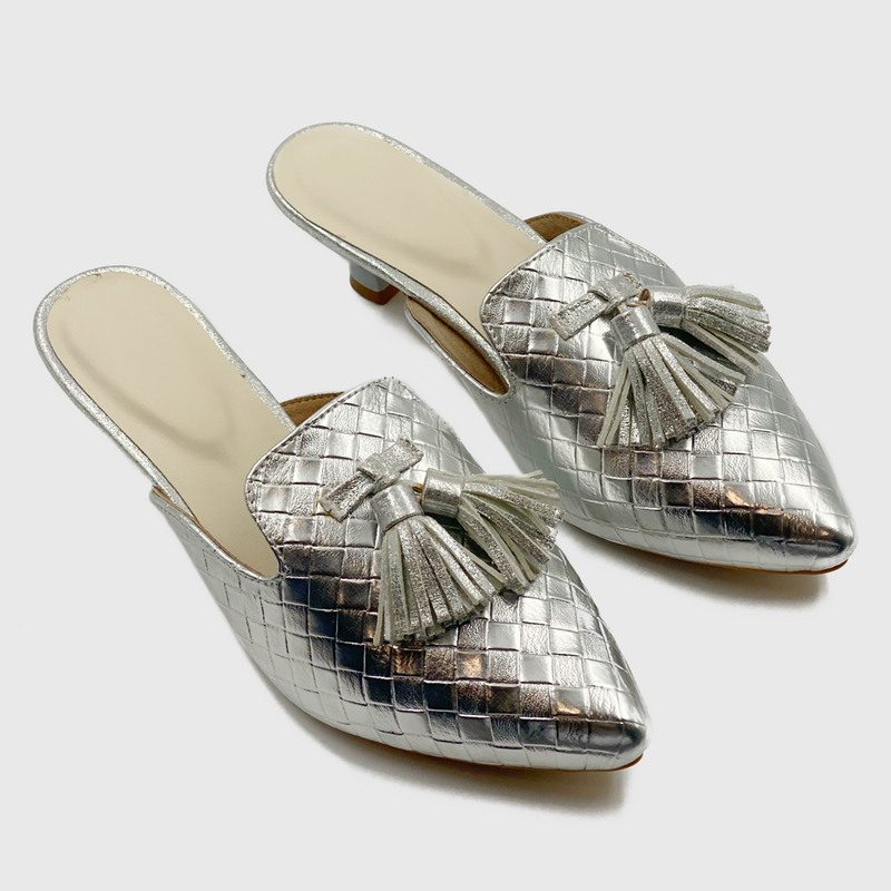 Woven Tassled Mules Silver Side Angle