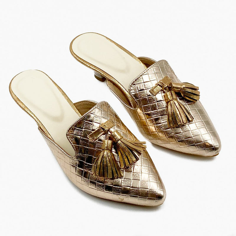 Woven Tassled Mules Champagne Side Angle