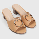 Buckle Embellished Mules Tan Side Angle