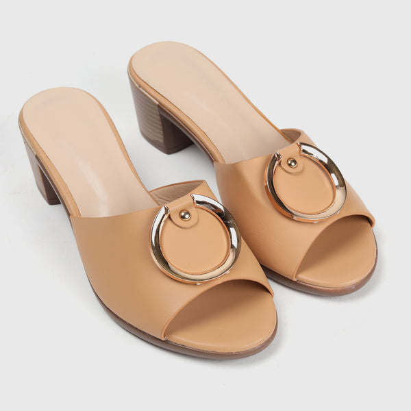 Buckle Embellished Mules Tan Side Angle