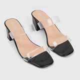 Symmetrical Clear Strap Slip Ons Black Side Angle