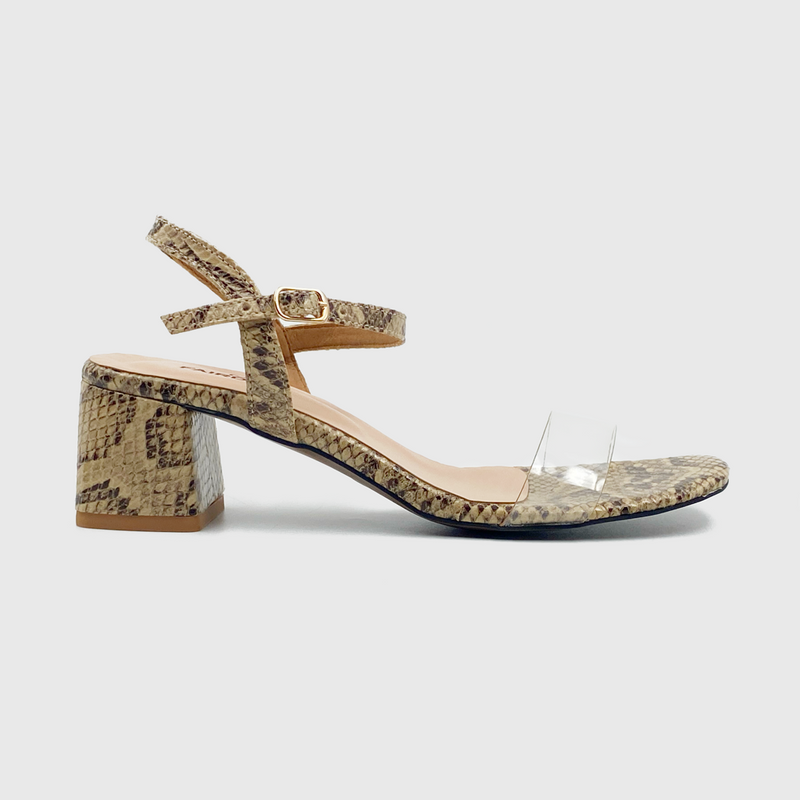 Snake Low Block Heel Sandals Beige