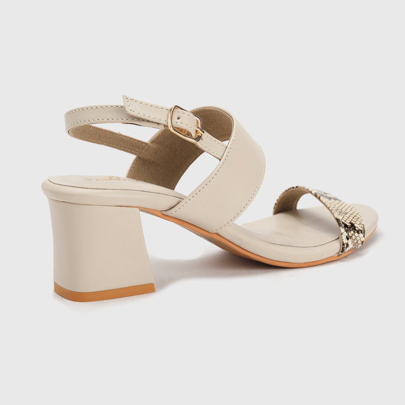 Snake Detail Block Heel Sandals Beige