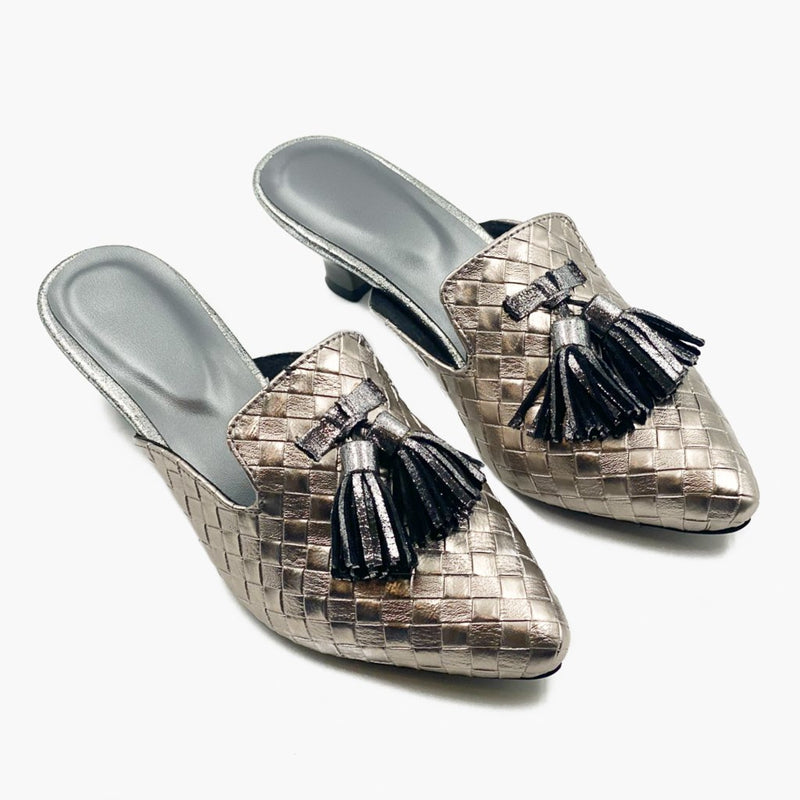 Woven Tassled Mules Grey Side Angle