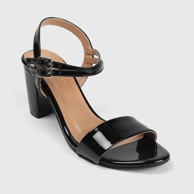 Ankle Strap Patent Block Heel Sandals Black