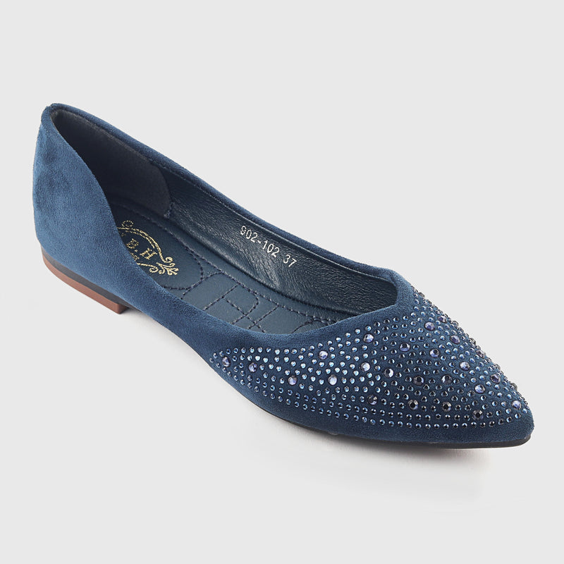 Stud Embellished Pointed Flats Navy