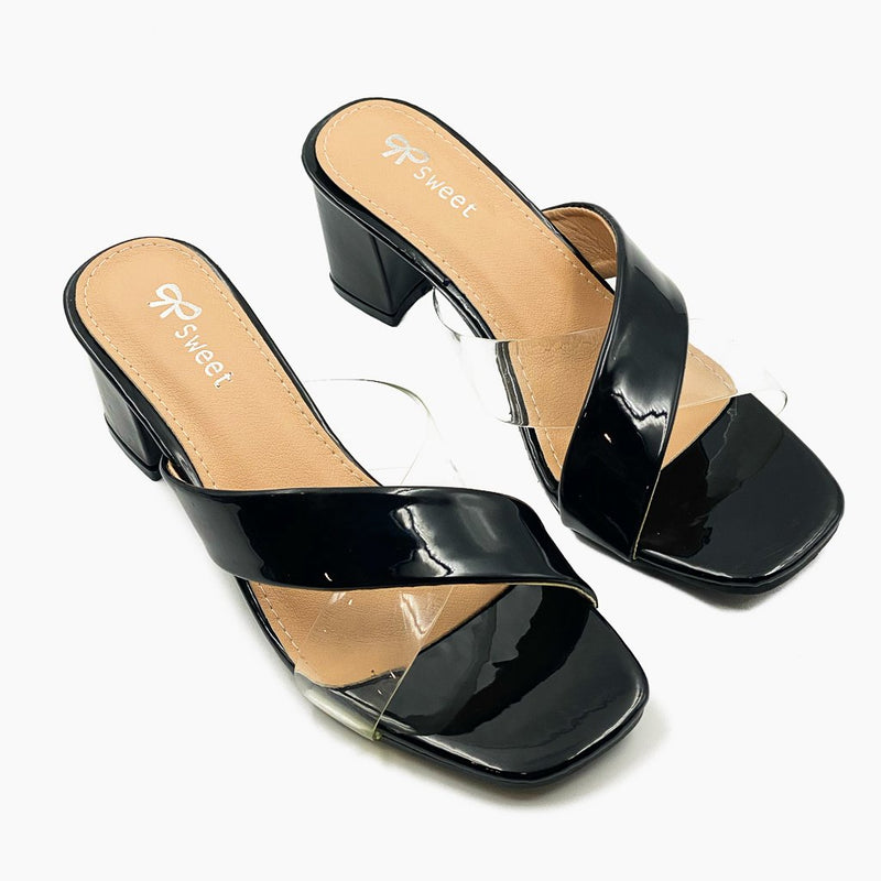 Basic Cross Detailed Heels Black Side Angle