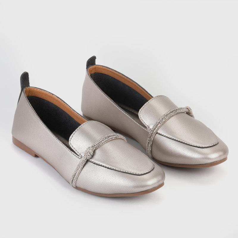 String Embellished Shoes Metallic Grey Side Angle