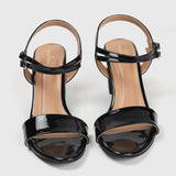 Ankle Strap Patent Block Heel Sandals Black