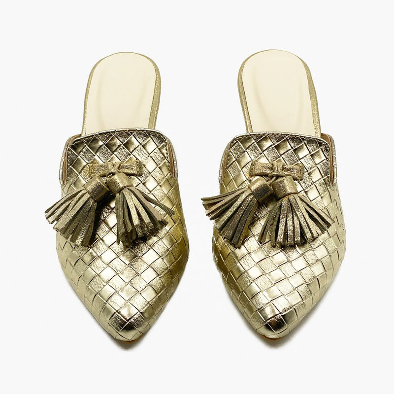 Woven Tassled Mules Gold