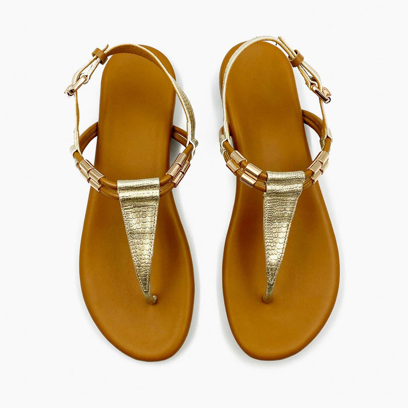 Textured T Bar Sandals Gold Rust