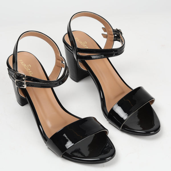 Ankle Strap Patent Block Heel Sandals Black Side Angle
