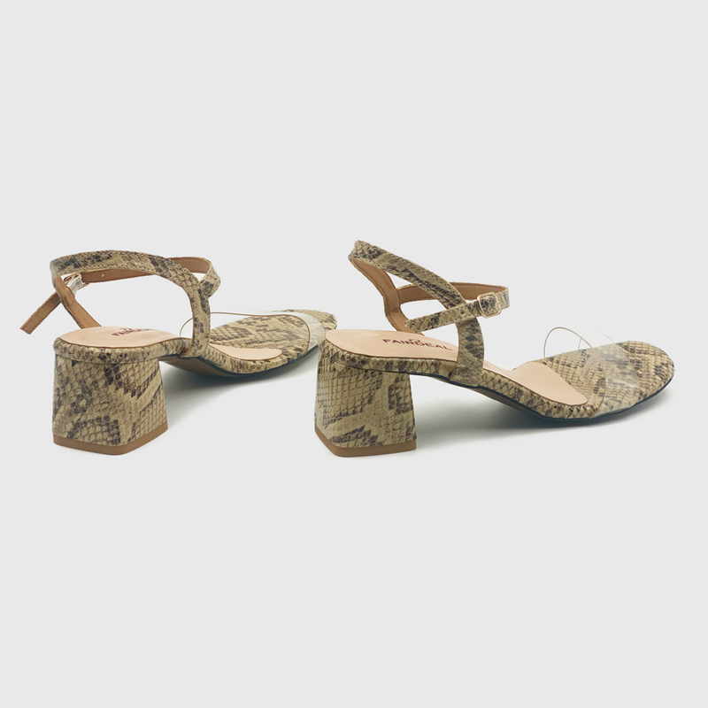 Snake Low Block Heel Sandals Beige