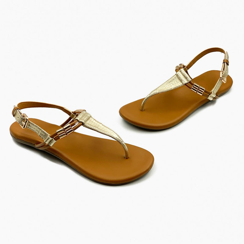 Textured T Bar Sandals Gold Rust