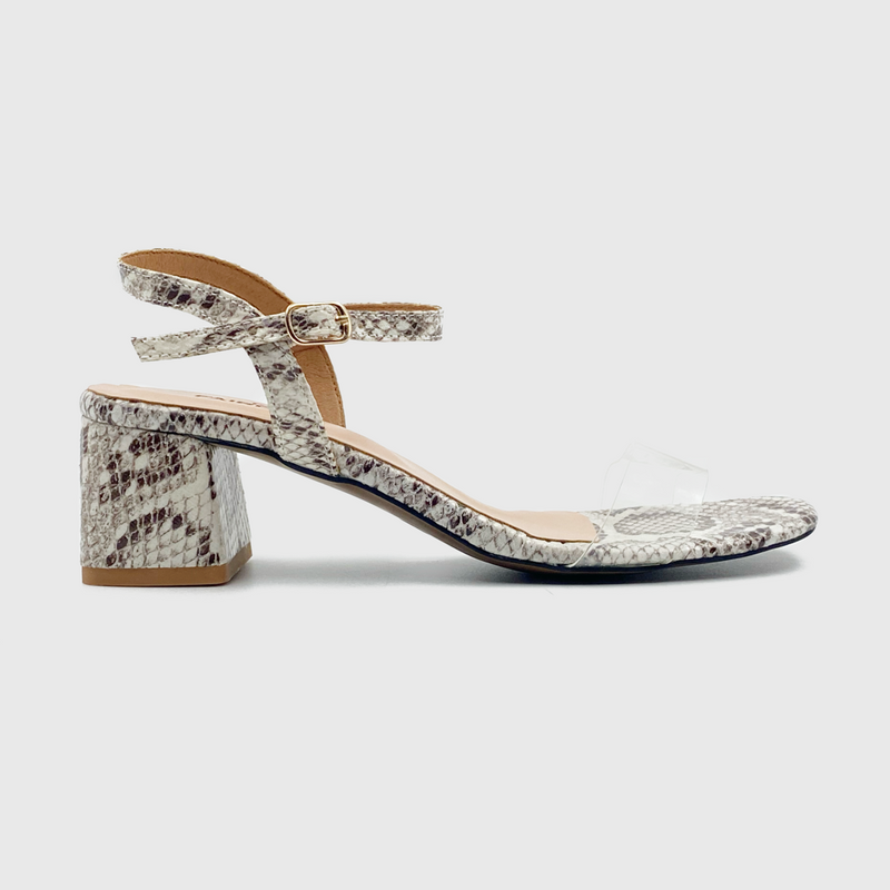 Snake Low Block Heel Sandals White