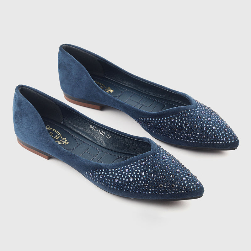 Stud Embellished Pointed Flats Navy Side Angle