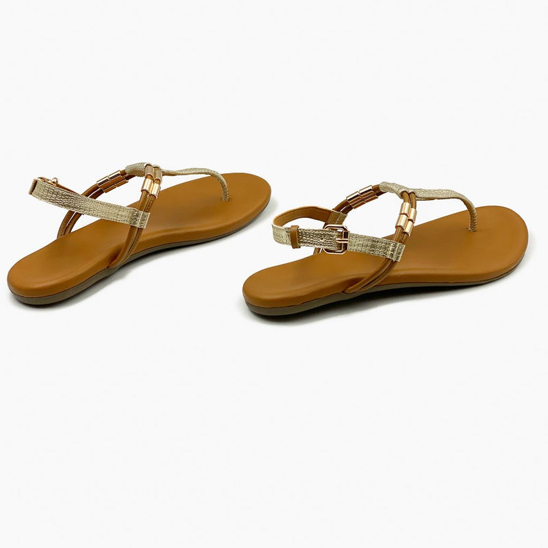 Textured T Bar Sandals Gold Rust