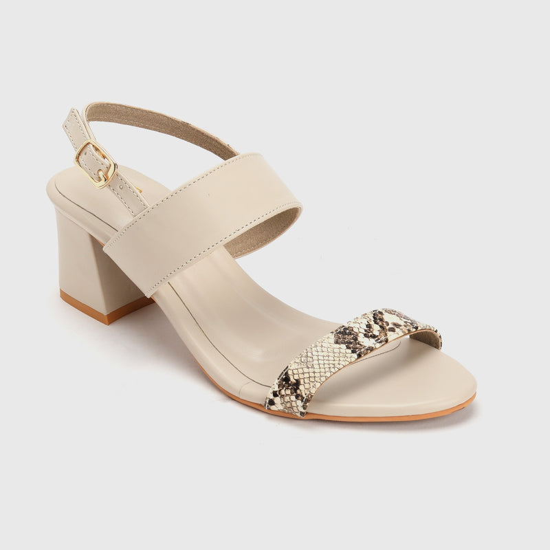 Snake Detail Block Heel Sandals Beige