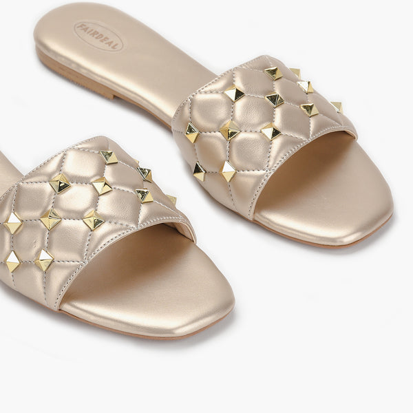 Quilted Studded Slides gold side angle zoom