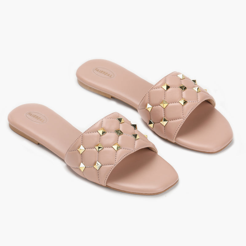 Quilted Studded Slides pink side angle